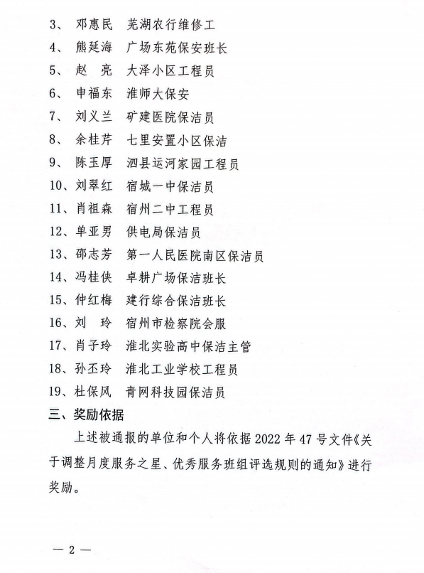 关于2023年1月份优秀服务班组、服务之星评选结果的通报